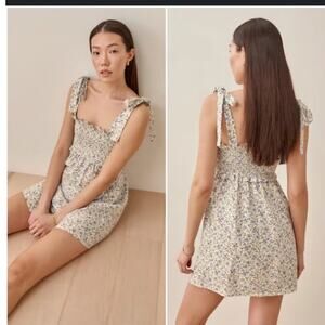 Reformation Dawson Linen Dress Floral Blue Pixie Blue M